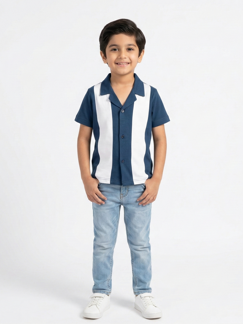 Boys Navy & White Panel Casual Shirt VP24-A