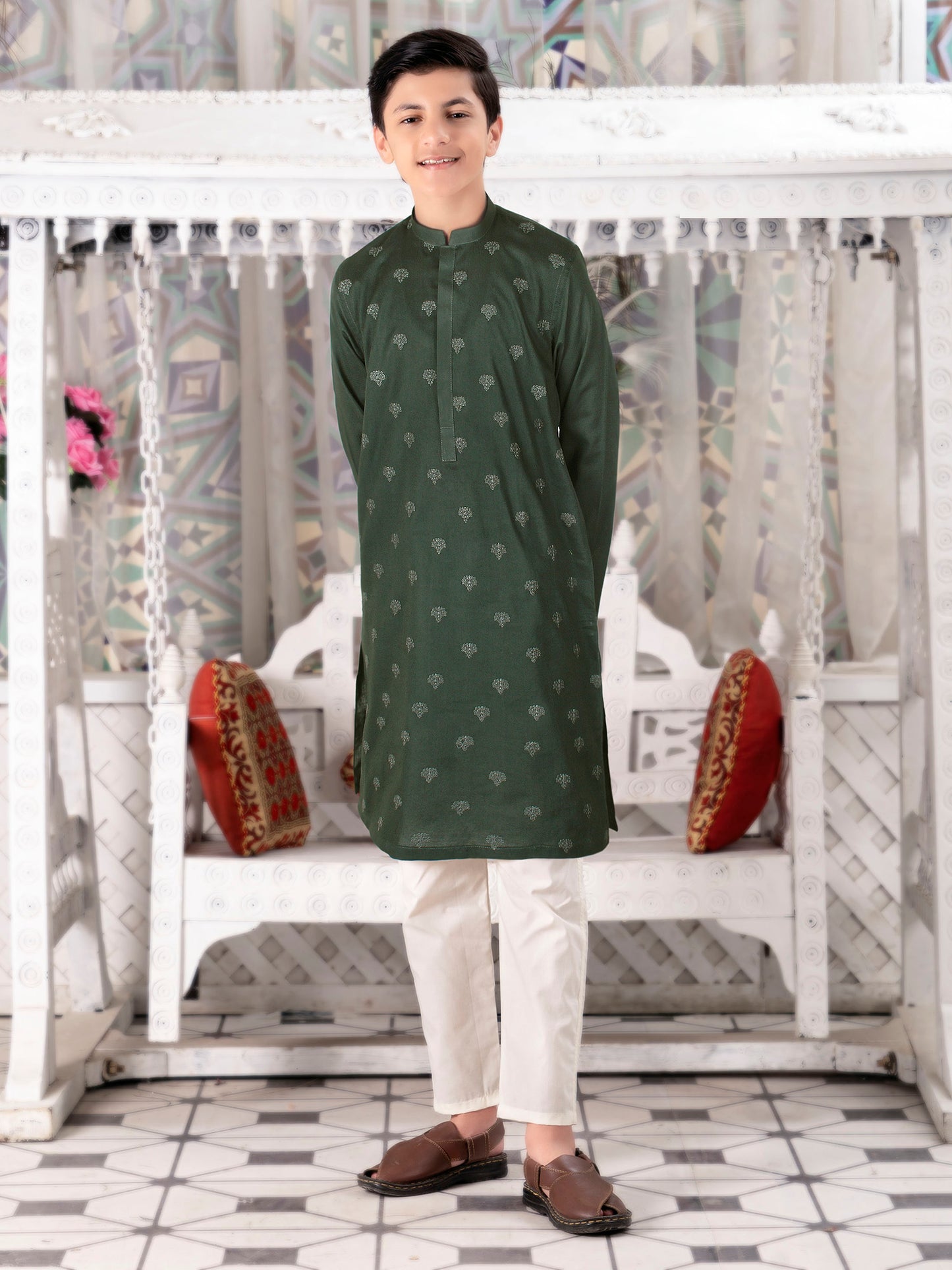 Boys Embroidered Kurta ART VB153 Dark Green